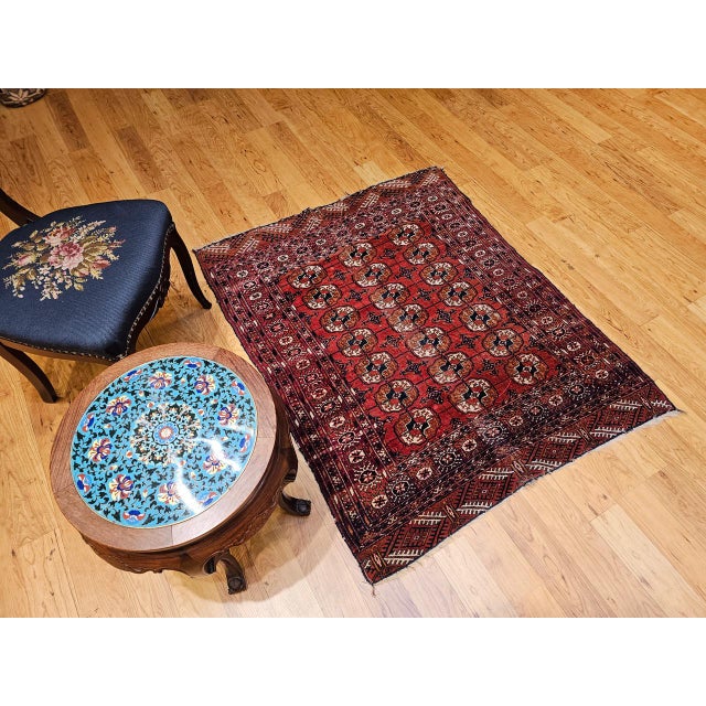 Early 20th Century Vintage Turkmen Tekke Area Rug in Allover Geometric Pattern in Brick-Red, Navy, Ivory, Brown For Sale - Image 5 of 16