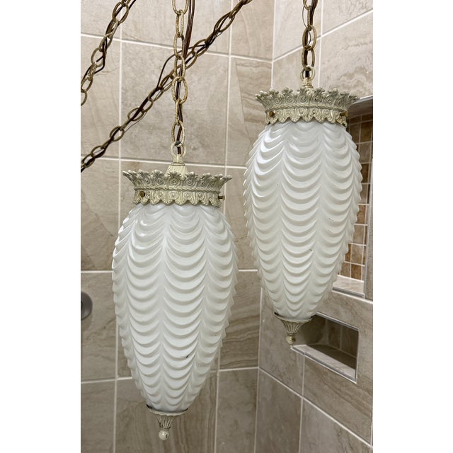 Hollywood Regency 1960s Hollywood Regency Mid Century Swag Two-Light Ceiling Fixture - White Frosted Ruffled Drapery Shades For Sale - Image 3 of 12