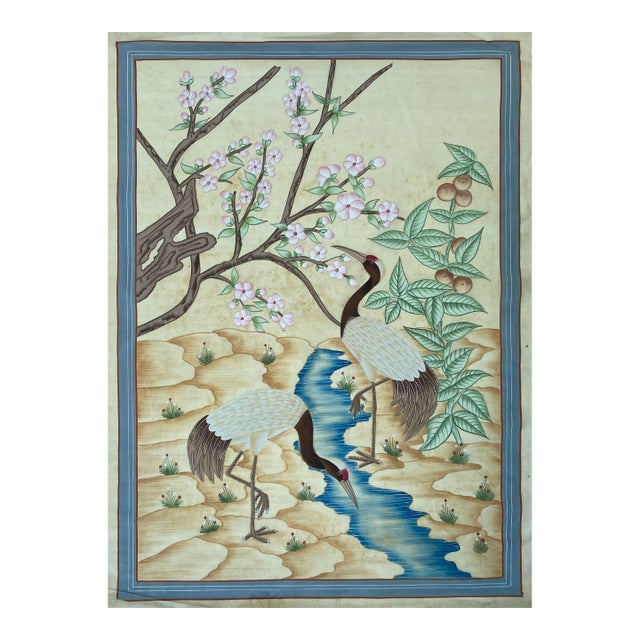 1990s Blossoms and Cranes in Harmony Gouache Painting on Old Silk"32x44 Inches " For Sale