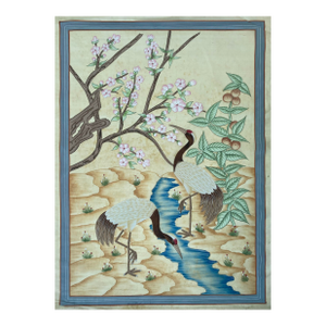 1990s Blossoms and Cranes in Harmony Gouache Painting on Old Silk"32x44 Inches "