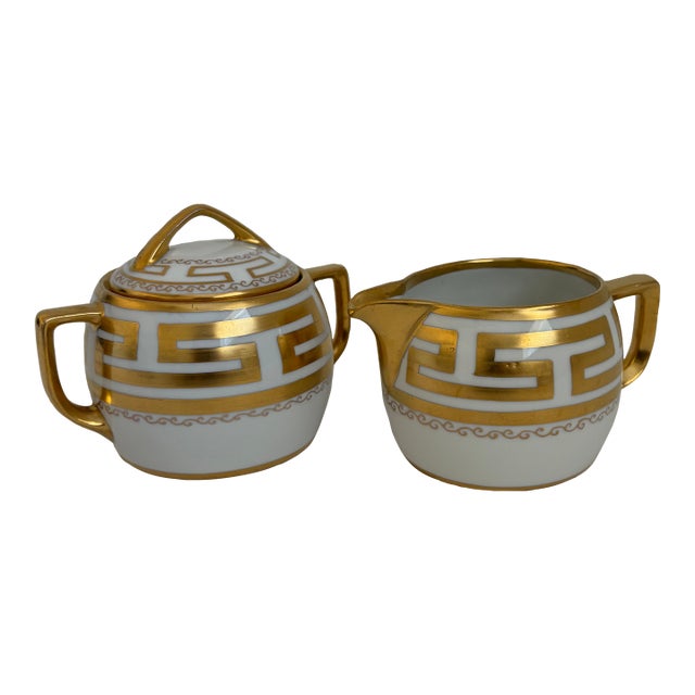1910s Pickard Hand-Painted Gilt Greek Key Creamer and Sugar Set For Sale