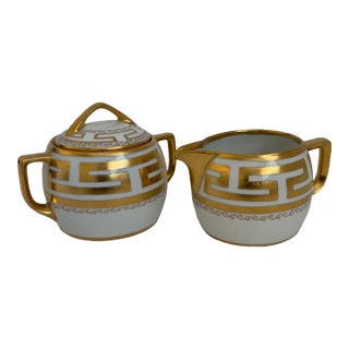 Antique Pickard Hand-Painted Gilt Greek Key Creamer and Sugar Set – 2 Pieces For Sale