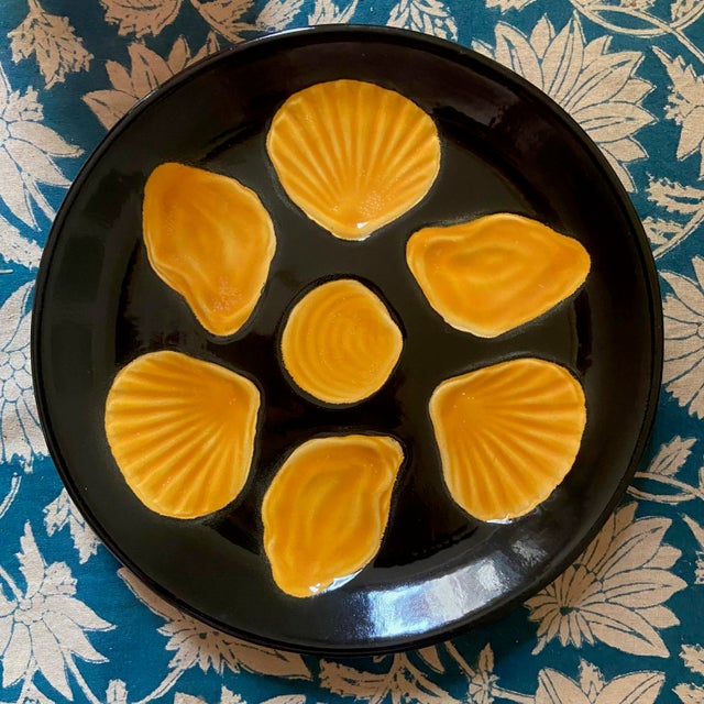 Set of 6 Majolica oyster plates with an elegant dark finish, available in 6 different shades. Unsigned, but Elchinger was...