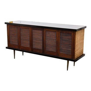 1960s Mid-Century Modern Black Melamine & Walnut Credenza with Burlap Sides For Sale