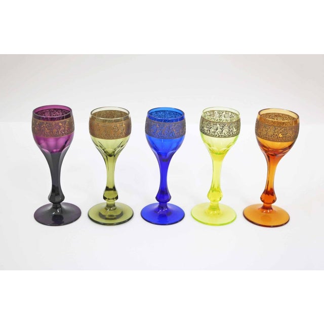 Ludwig Moser Moser & Sons Carlsbad 5 Art Deco Goblets Made in Czechoslovakia 1922 Rare set of 5 in assorted colors Eight-...