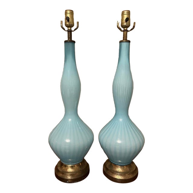 Vintage Murano Glass Lamps Barovier Taso Turquoise Blue Mid-Century Modern 1950s-60s For Sale