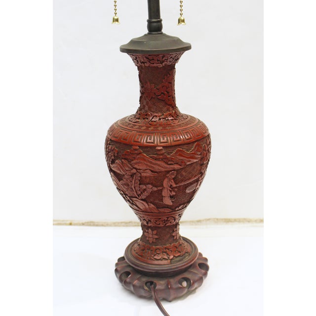 18th Century 18th Century Pair of Chinese Qing Dynasty Cinnabar Vases Mounted as Lamps - Pair For Sale - Image 5 of 14