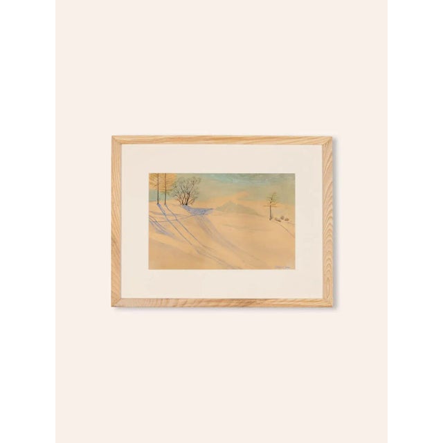 R. Ebster detailed romantic watercolor from 1946. Ready to hang framed with passe-partout in a handmade ash wood picture...