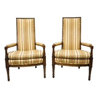 Mid 20th Century Vintage Hollywood Regency French Style High Back Upholstered Arm Chairs - A Pair For Sale
