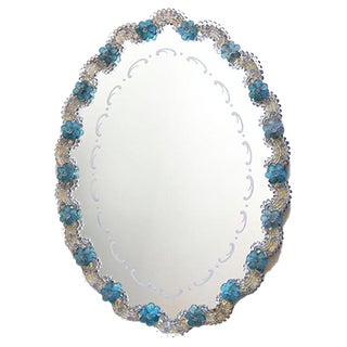 Italian Murano Glass NontiscordardiMe Mirror with Blue Roses, 1940s For Sale