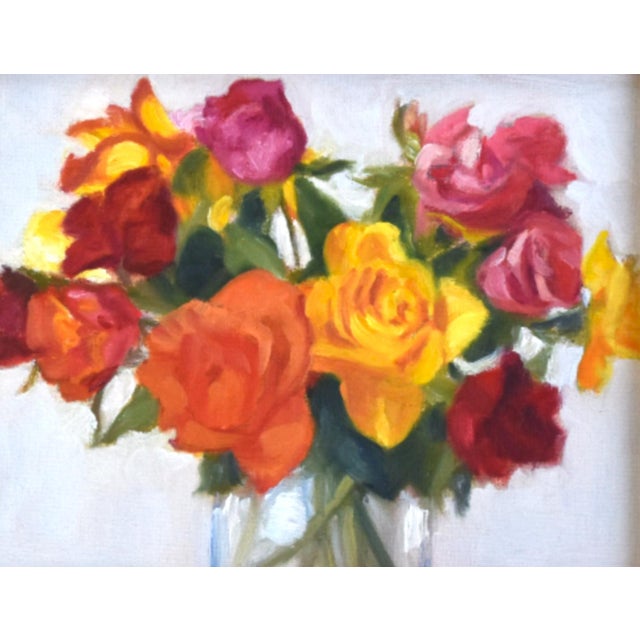 Colorful Bouquet of Flowers Roses Oil Painting Including the Antiqued Gold Wood Frame For Sale - Image 4 of 7