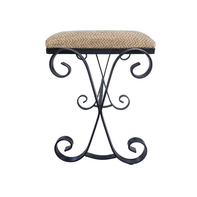 Hollywood Regency Mid Century Wrought Iron Scrolled Ottoman Footstool For Sale - Image 3 of 16