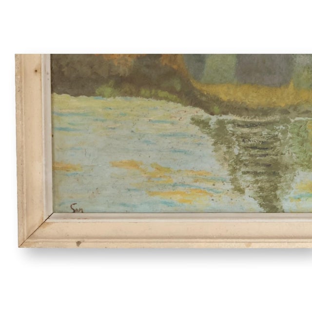 Rustic European French Landscape Painting on Canvas, Barn on a River For Sale - Image 3 of 4