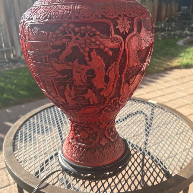 Asian Style Large Antique Chinese Lamp Cinnabar With Finial -Rare For Sale - Image 4 of 8