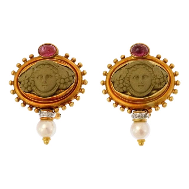 Lava Cameo Earrings 18k Gold Tourmaline Diamond Pearls, 2 pieces For Sale