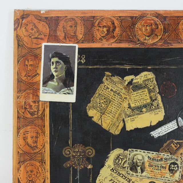 American Vintage Trompe l'Oeil Americana Oil Painting With Presidential Border For Sale - Image 3 of 9