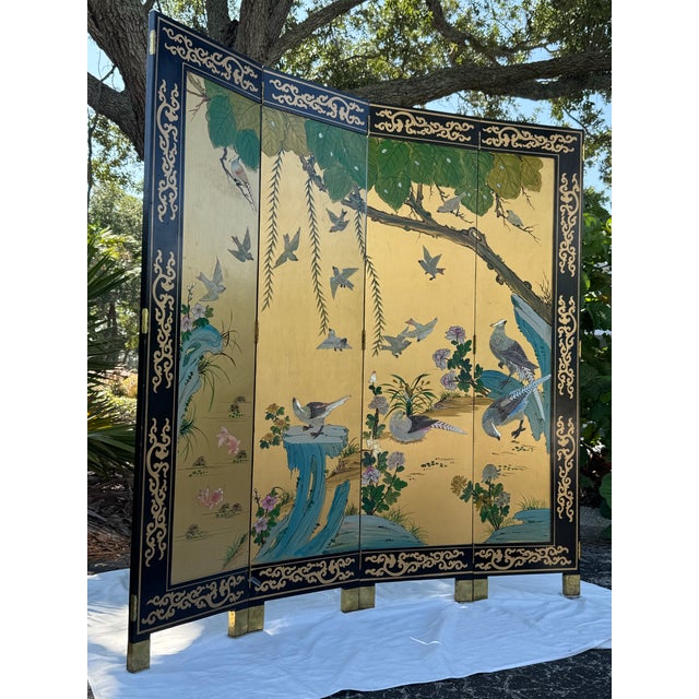 Shell Vintage Chinese Four-Panel Chinoiserie Folding Screen With Raised Shell Birds & Gold Leaf For Sale - Image 7 of 8