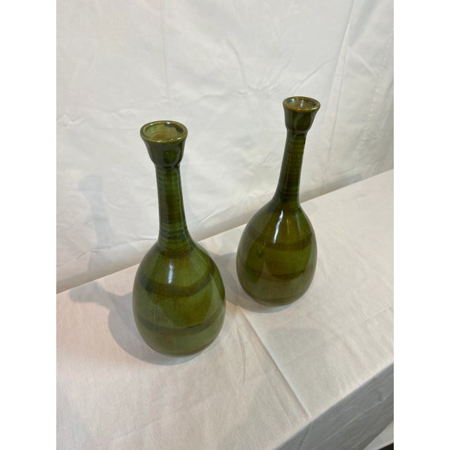Green Vases with Crackle Glaze and Aged Green Finish - a Pair For Sale - Image 9 of 11