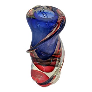 Authentic Hand-Blown Massimiliano Schiavon Murano Art Glass Twisted Sommerso Vase For Sale