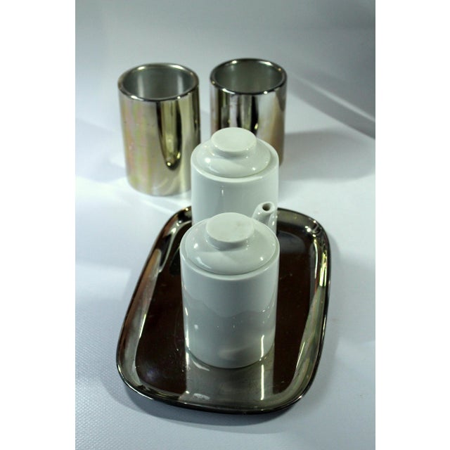 1960s Ceramic Coffee Pot by SuS With Metal Isolated Warming Hood as a Set With Milk Jug and Sugar Bowl on a Metal Tray - Set of 4 For Sale - Image 9 of 9