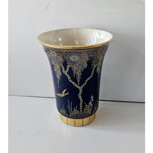 1930s Art Deco Royal Blue Lustre Enamel Vase with Tree and Butterfly from Crown Devon, 1930s For Sale - Image 5 of 6