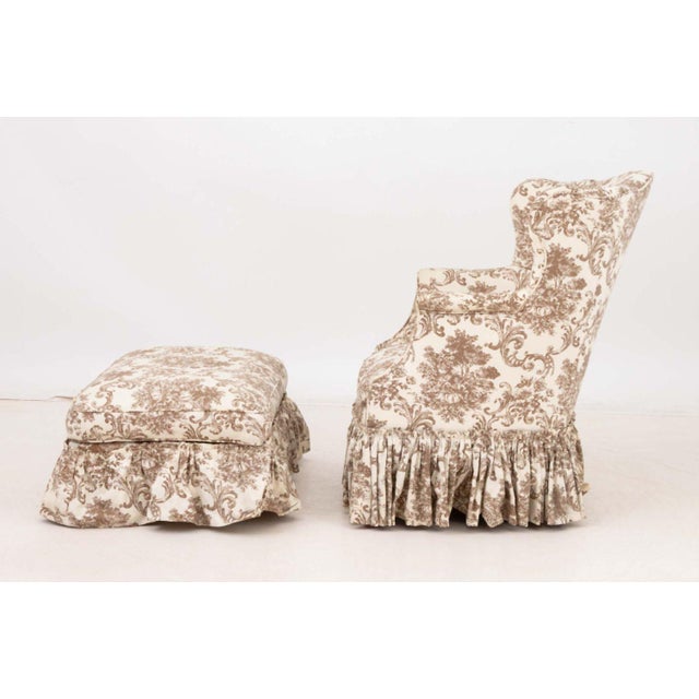 Linen Upholstered Wingback Chair and Ottoman For Sale - Image 9 of 11