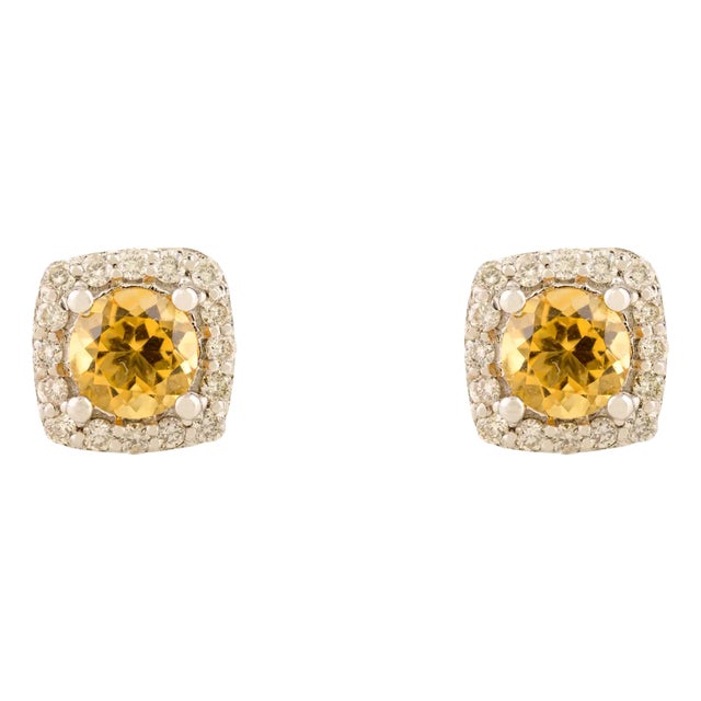 Unique 14k Gold Citrine Halo Diamond Stud Earrings- 2 Pieces For Sale