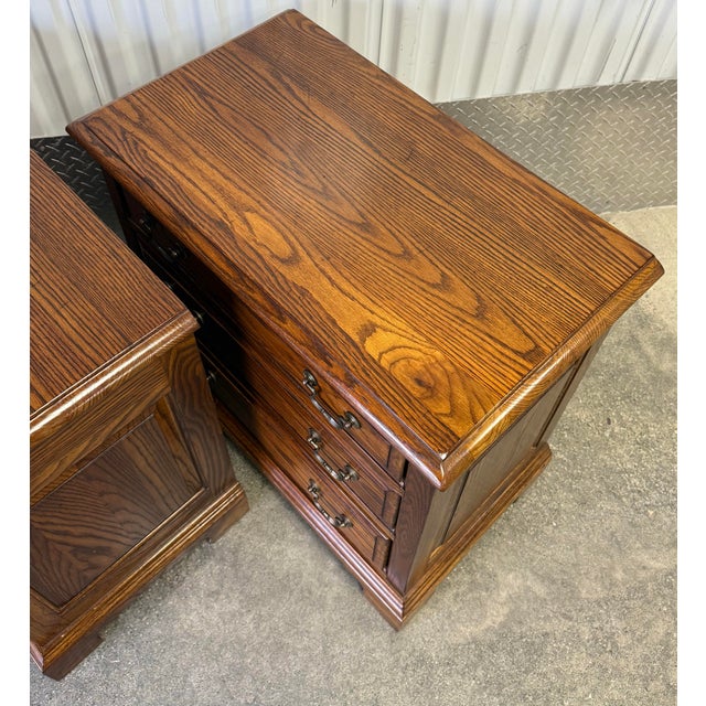 1990s Vintage Ethan Allen Oak Canterbury Nightstand/ Commode - A Pair For Sale - Image 5 of 12