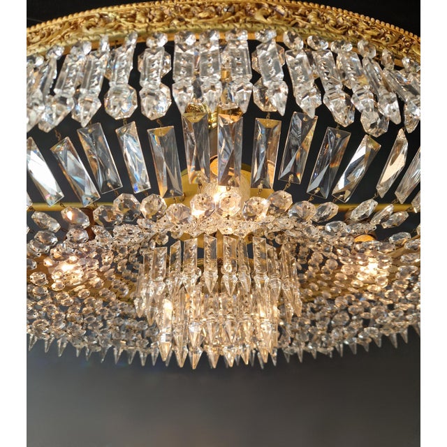 Antique Oval Flush Mount Chandelier Brass Crystal Ceiling Light Restored Gold For Sale - Image 4 of 10