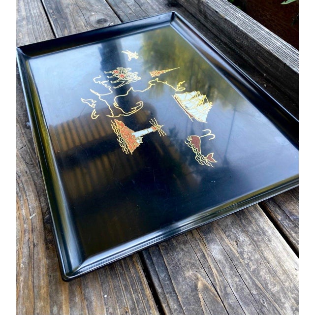 Vintage Couroc of Monterey Massachusetts Patriotic Cape Cod Inlaid Serving Tray For Sale - Image 4 of 10