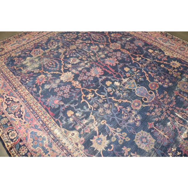 Late 19th Century Antique Worn Navy Yazd Rug no. j5349 For Sale - Image 5 of 16