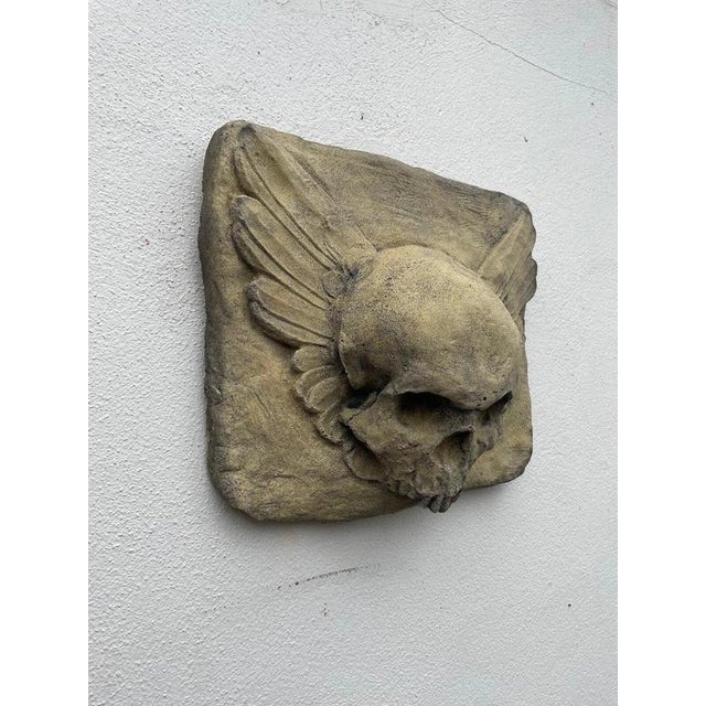 Gothic Winged Masonic Skull Stone Wall Plaque For Sale - Image 4 of 6