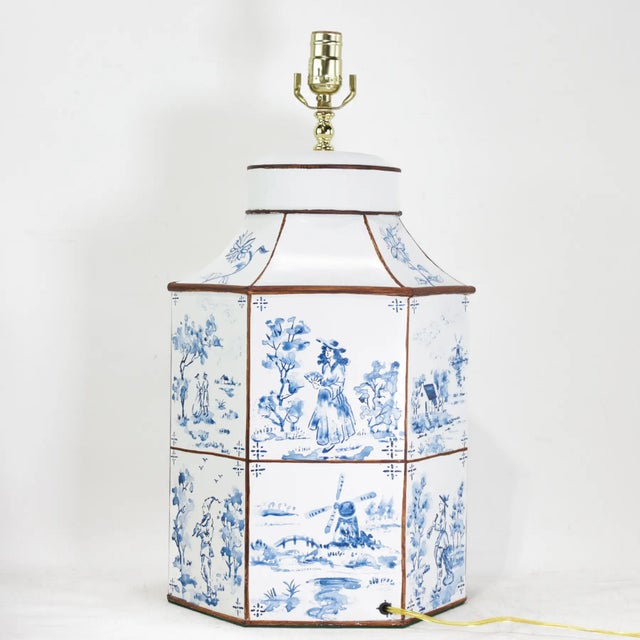 Art Deco A Pair of Vintage Hand-Painted Blue and White Imitation Dutch Tile Landscape Tea Can Table Lamps For Sale - Image 3 of 14