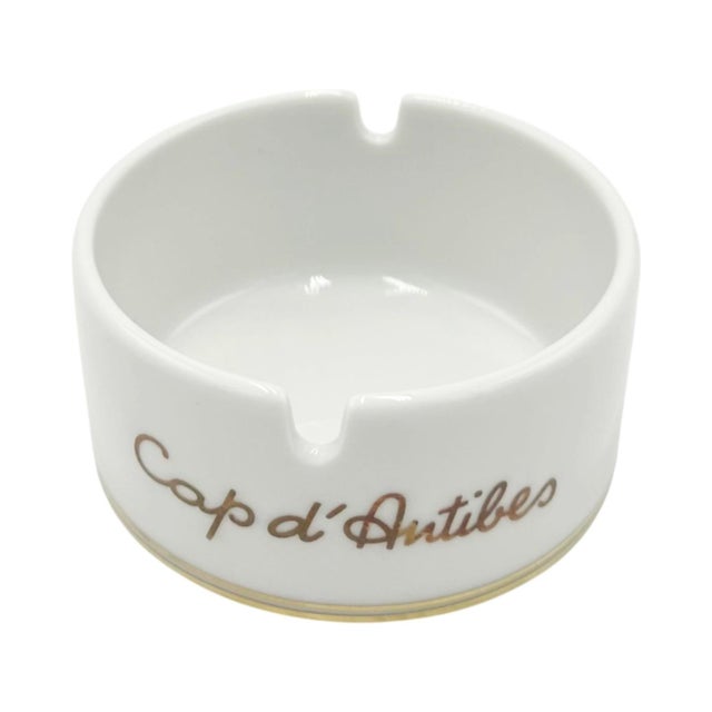 French Vintage Eden Roc Cap d'Antibes Porcelain Ashtray Gold White France For Sale - Image 3 of 10