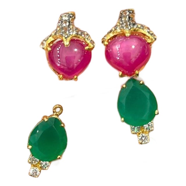 Bochic Vintage Ruby & Green Aventurine Clip Earrings Set 18K Gold & Silver, A Pair For Sale