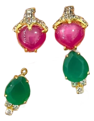 Bochic Vintage Ruby & Green Aventurine Clip Earrings Set 18K Gold & Silver, A Pair