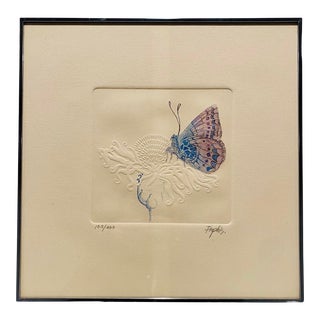 Praphis Numbered 103/300 Original Etched Embossed Cast Paper Butterfly Framed Print For Sale