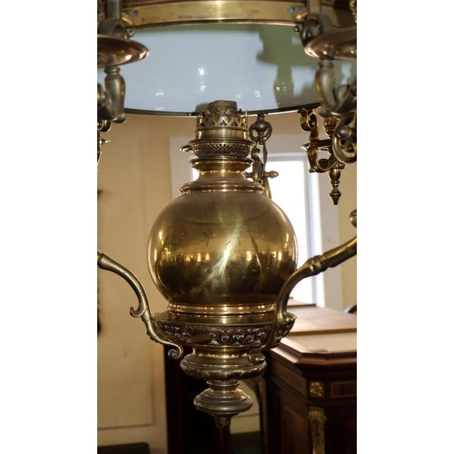 Late 19th Century Late 19th Century Brass Kerosene Oil Chandelier With Blue Shade For Sale - Image 5 of 12