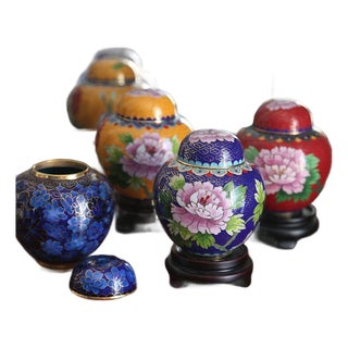 Set of 4 Vintage Cloisonné Enamel Lidded Jars – Peony Motif, Assorted Colors For Sale