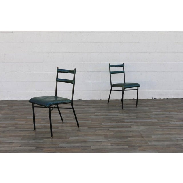 Pair of Jacques Adnet Distressed Green Leather & Black Metal Dining Chairs, France 1950s For Sale - Image 12 of 18