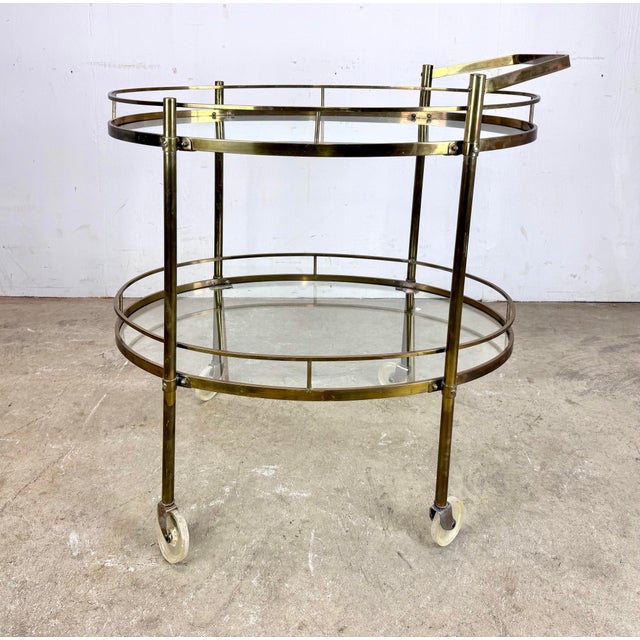 Mid-Century Modern Mid 20th Century Modern / Hollywood Regency Brass Two-Tier Oval Bar Cart / Tea Cart For Sale - Image 3 of 12