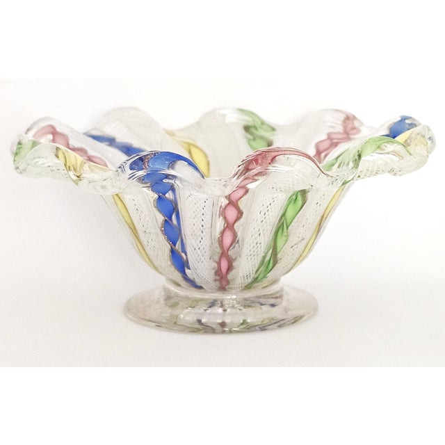 Mid-Century Modern Murano Latticino Ribbon Art Glass Footed Bowl — Multicolor Gold Fleck, Italy For Sale - Image 3 of 14