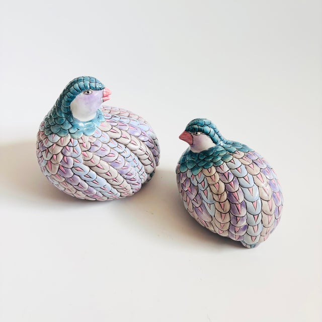 A pair of vintage ceramic quails painted in a variety of coloful pastel glazes. Made by Toyo. Measurements: 5"W x 4"D x...