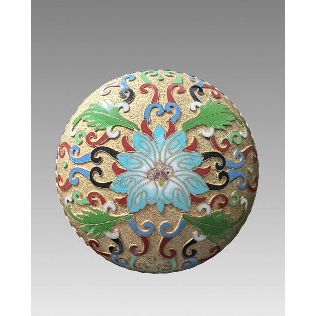 Very pretty and superior hand enamelled Champleve trinket box or catchall decorated with raised swirls and colourful...