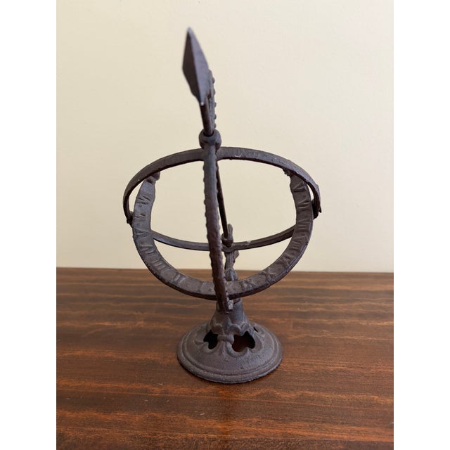 Brown Rustic Iron Armillary Sphere Sundial on Pedestal – European Garden Accent For Sale - Image 8 of 11