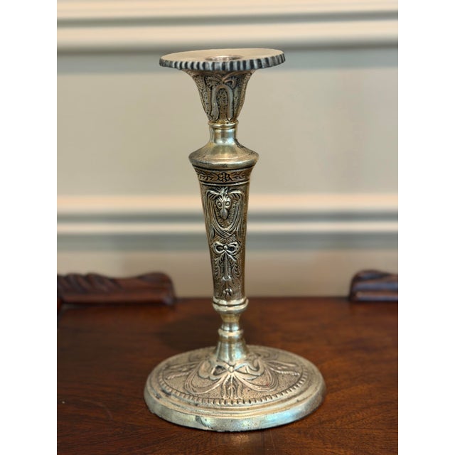 Late 20th Century Pair of Vintage Neoclassical Silverplate Candlesticks With Ram’s Head Motifs For Sale - Image 5 of 6