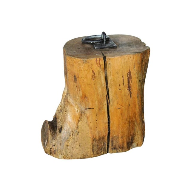 Rustic Hand-Carved Wooden Organic Tree Stump Door Stop with Iron Handle Top For Sale - Image 6 of 9