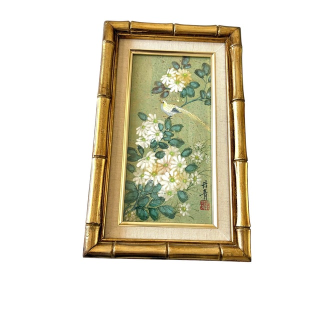 Mid 20th Century Chinoiserie Floral Gold Faux Bamboo Wood Framed Artwork- A Pair For Sale - Image 5 of 10