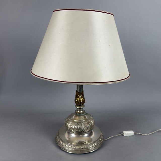 Large Silver-Plated Brass and Wood Table Lamp, 1960s For Sale - Image 12 of 12