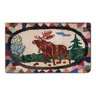 1920s Ivory Animal Pictorial Antique American Hooked Rug 2'0" X 3'6" Handknotted Wool Carpet For Sale